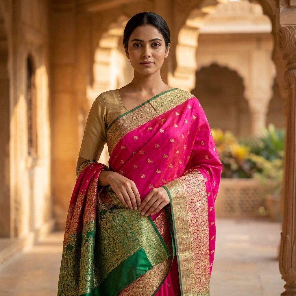 Sanskriti Vintage Pink Blend Silk Saree Banarasi Brocade Zari Hand-Woven Sari