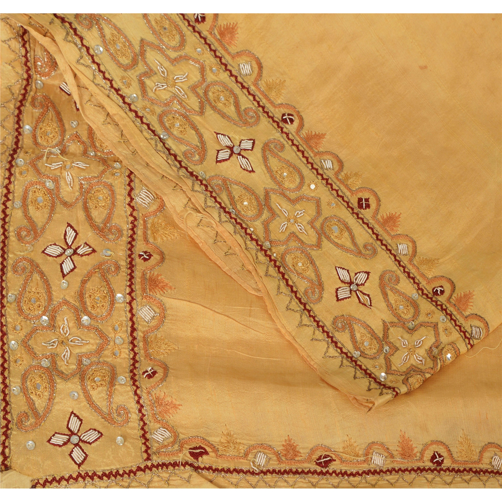 Sanskriti Vintage Pure Silk Hand Beaded Design Fabric Indian Decor
