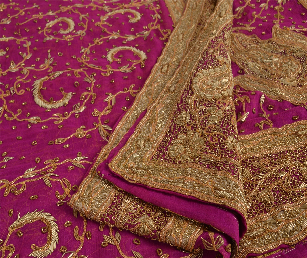 Vintage Dupatta Long Stole Chiffon Silk Hand Beaded Bridal Veil Zardozi