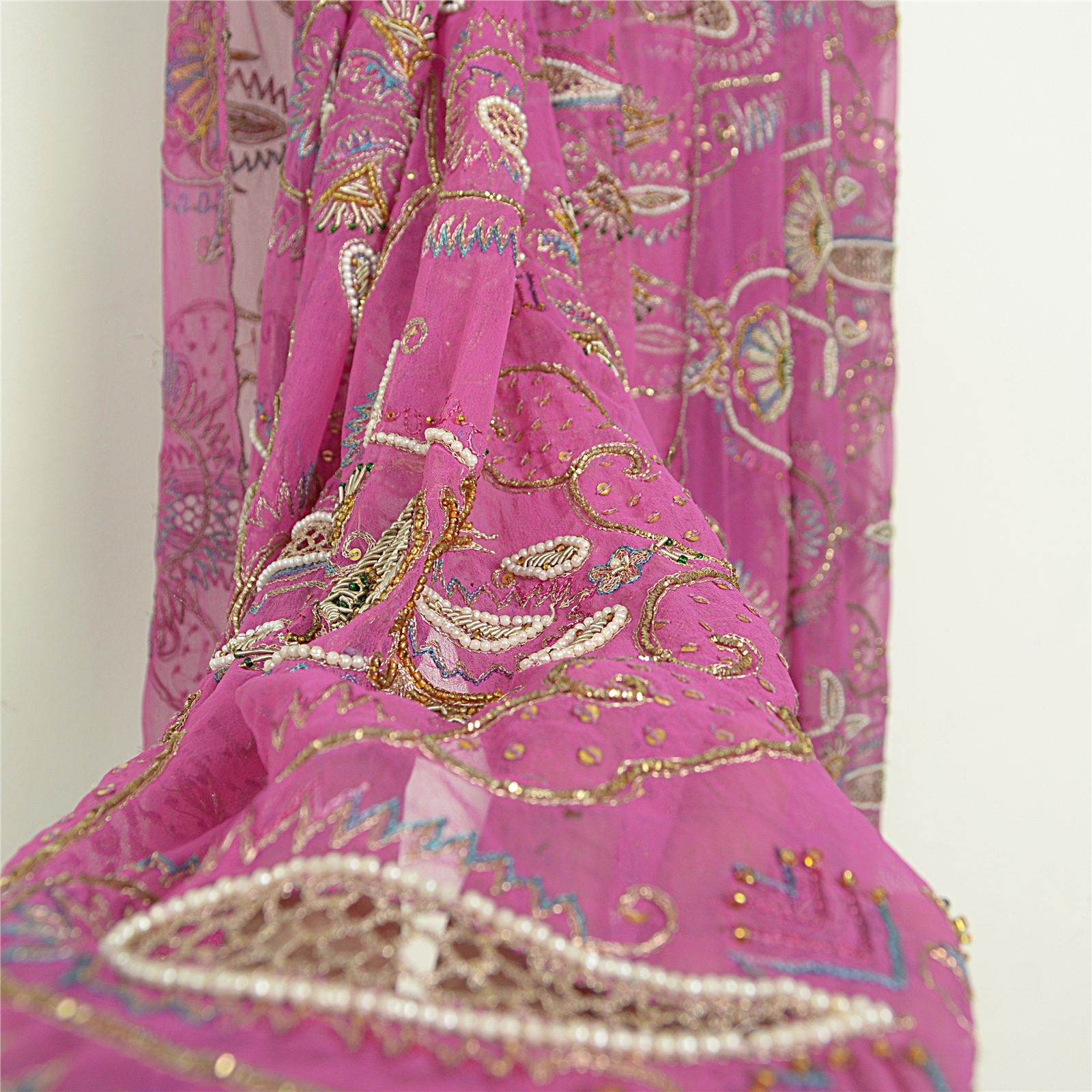 Vintage Heavy Dupatta Pure Georgette Silk Pink Glass Beads Stole