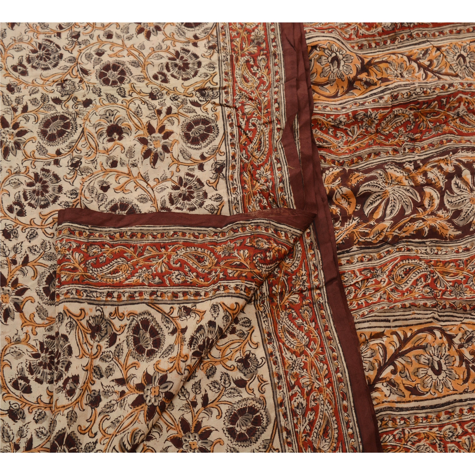 Sanskriti Vintage Sari Kalamkari Pure Cotton Fabric Saree Indian Block ...