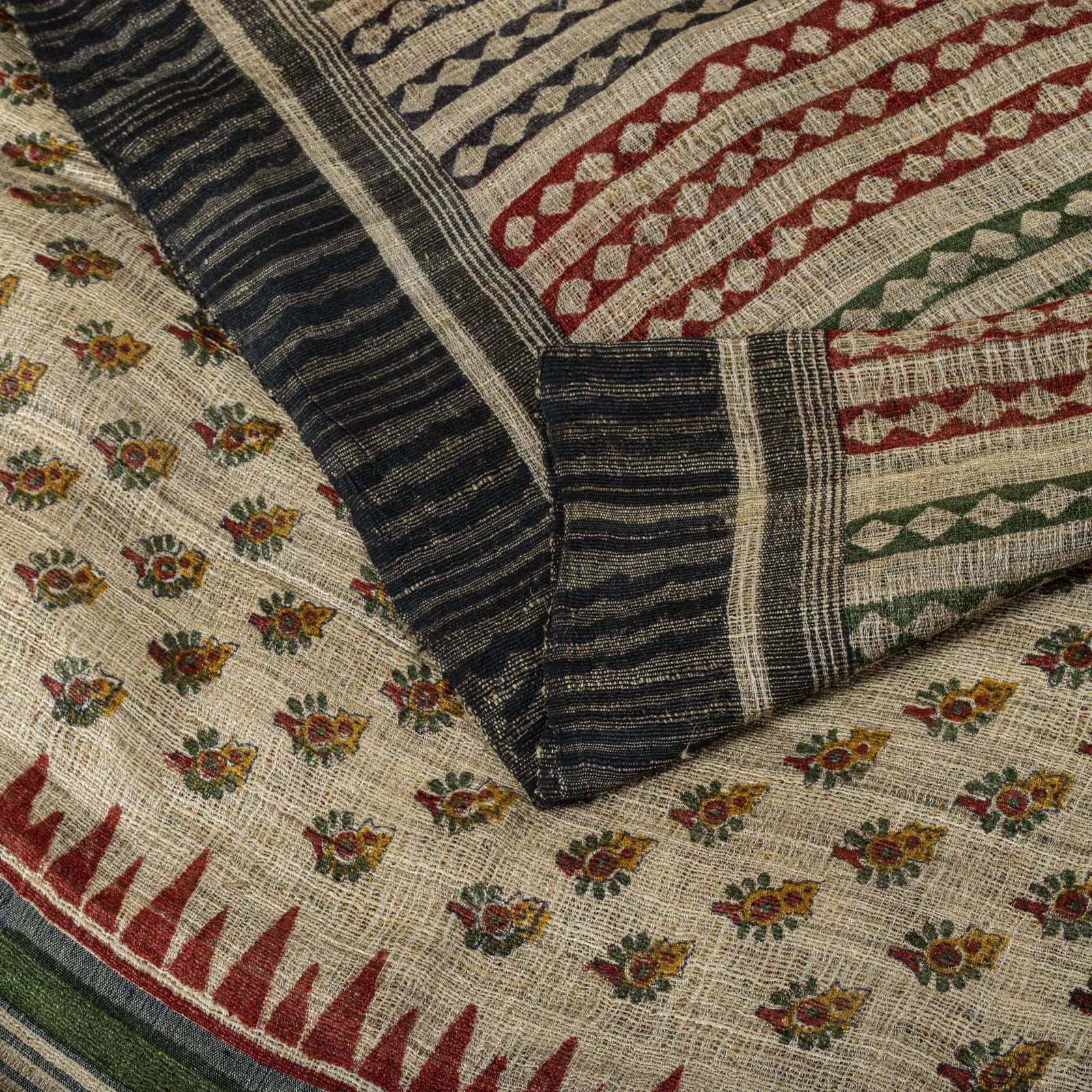 Sanskriti Vintage Gray Saree Handloom Pure Jute Silk Handblock Print Sari Fabric
