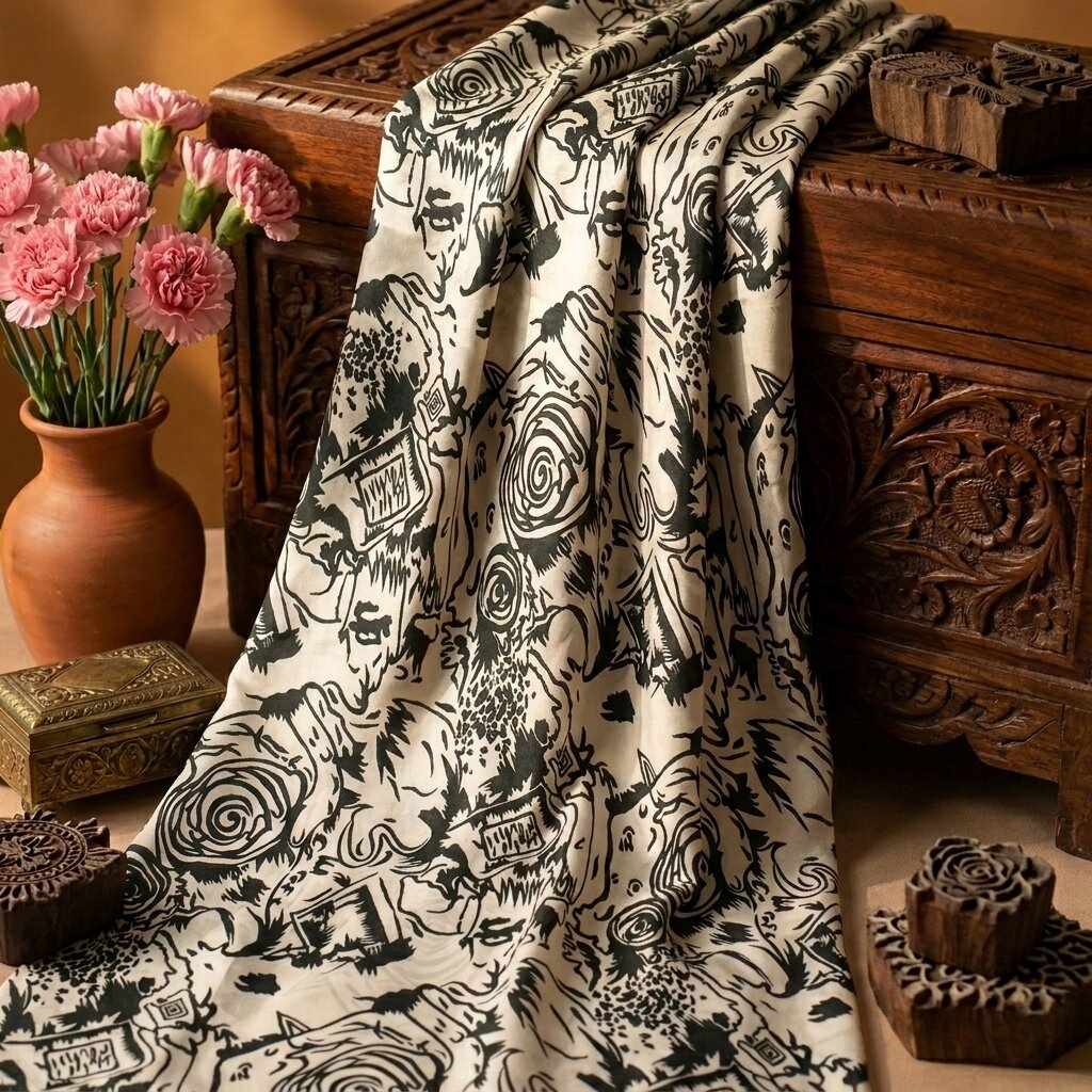 Sanskriti Vintage Saree White-Black Art Silk Abstract Printed Fabric 5+Yard Sari