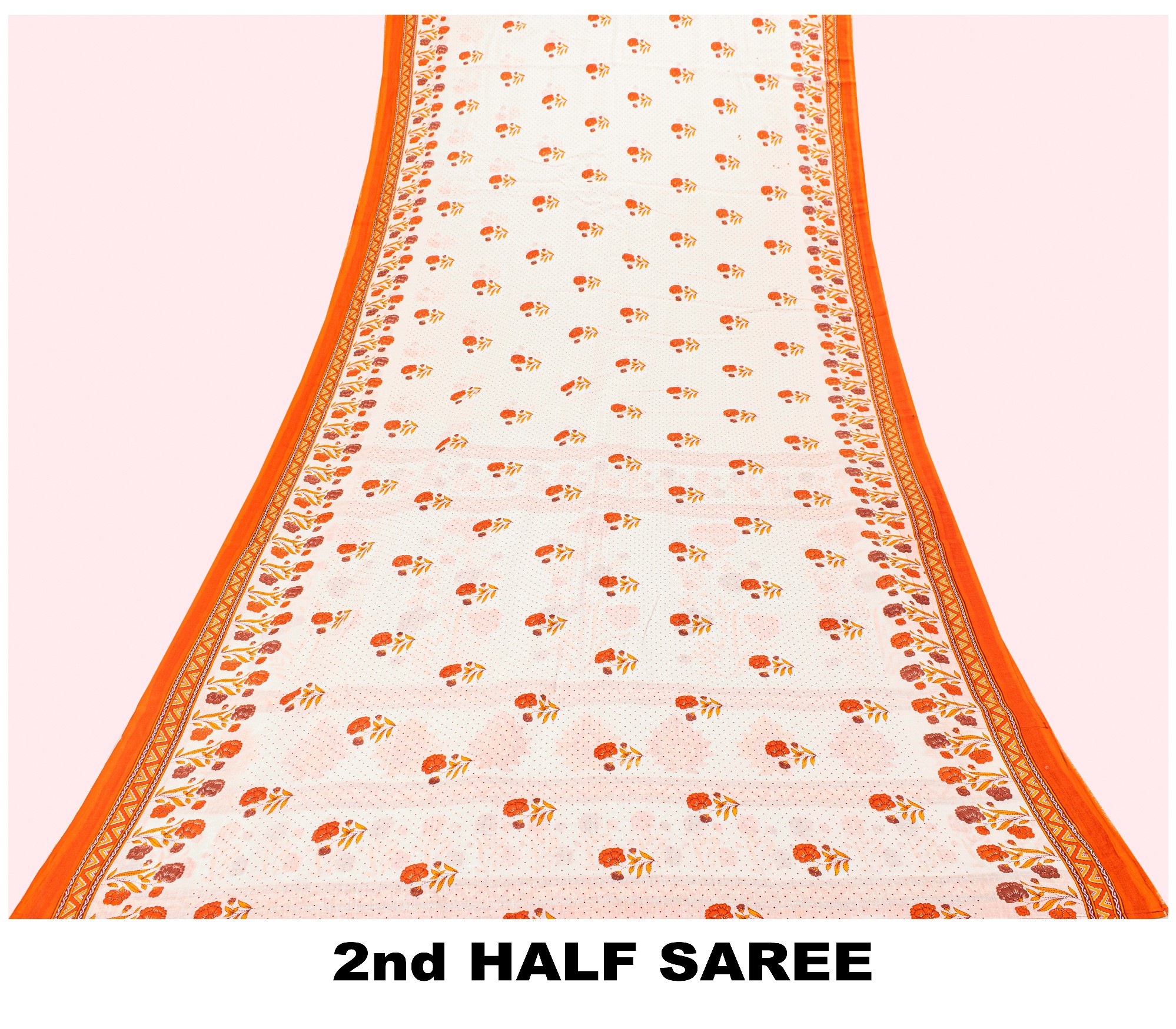 Sanskriti Vintage White-Orange Pure Cotton Saree Kantha Digital