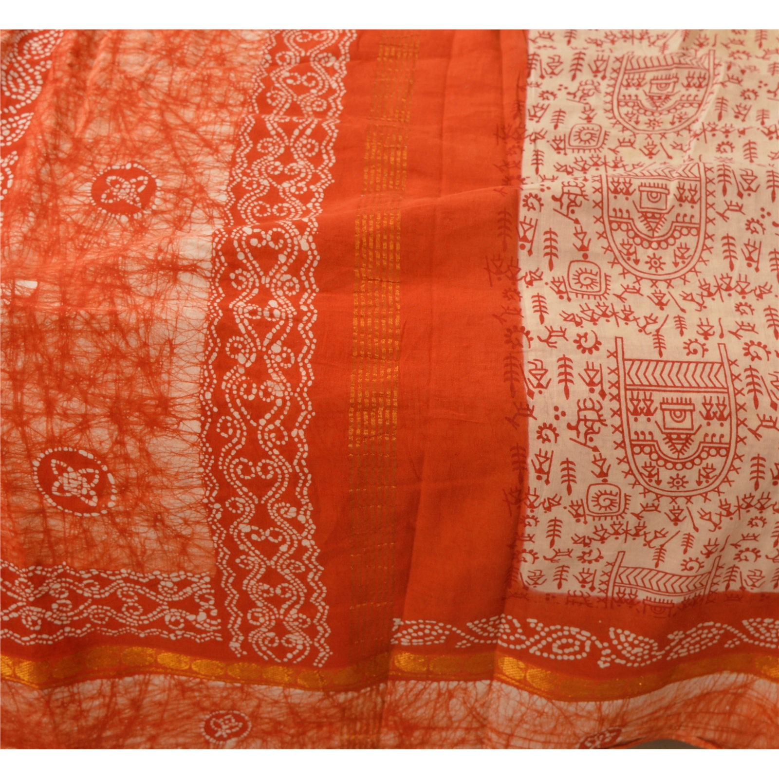 Sanskriti Vintage Orange Pure Cotton Saree Warli Printed Sari Soft Craft Fabric | eBay