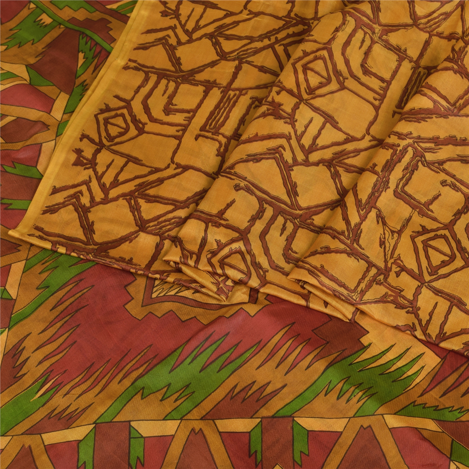 Sanskriti Vintage Sarees Indian Yellow & Red Printed Pure Silk