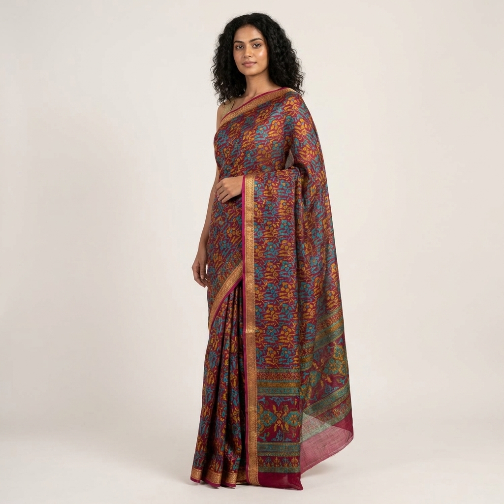 Sanskriti Vintage Maroon Pure Silk Floral Print Saree Brocade Border 5+Yard Sari