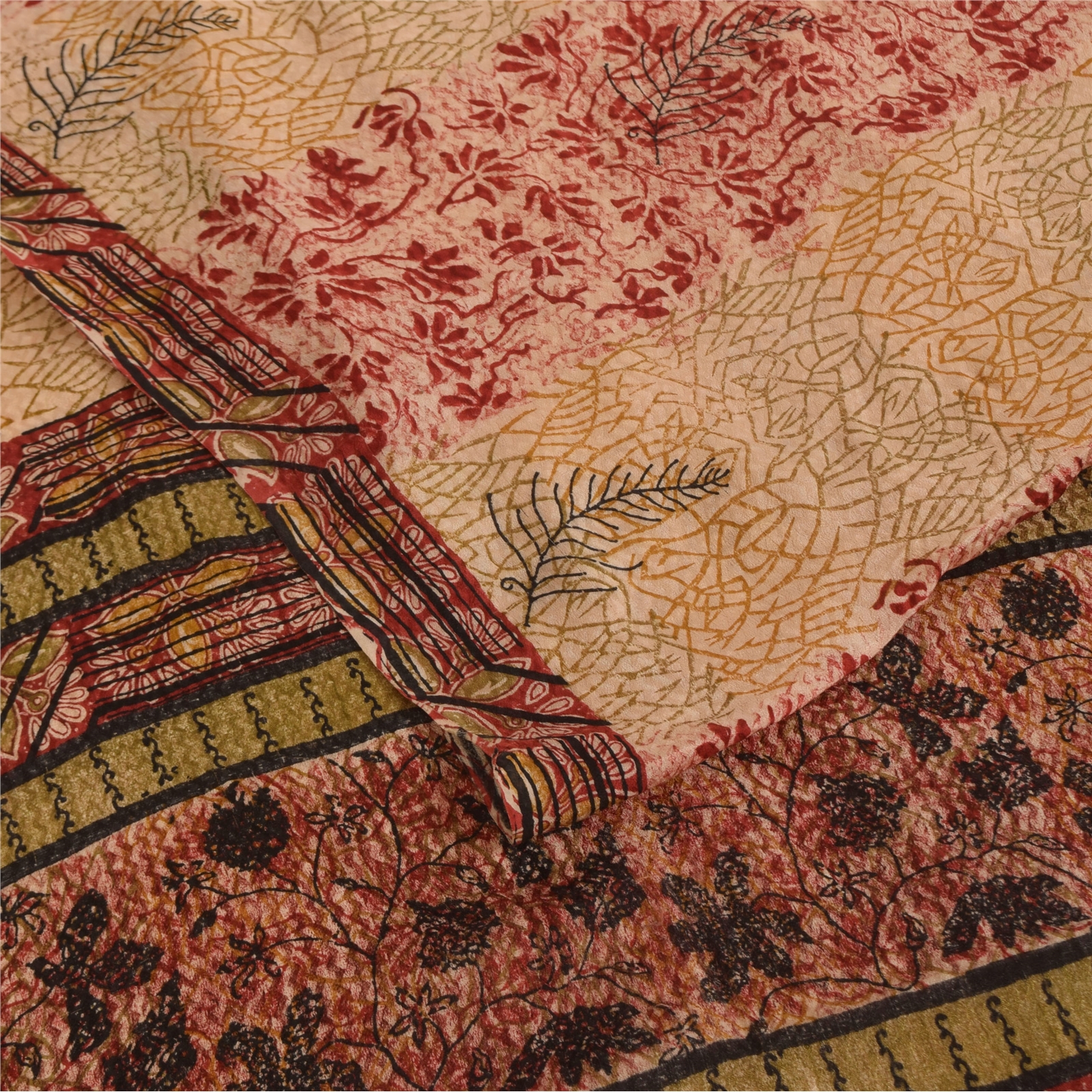Sanskriti Vintage Saree Cream-Red Pure Crepe Silk Floral Print