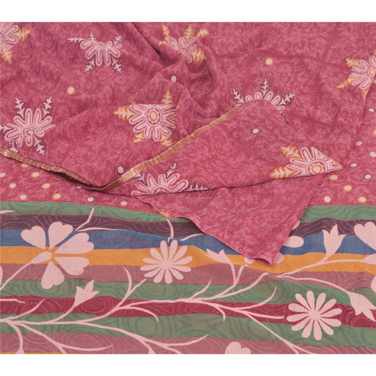 Vintage Sari Moss Crepe Sarees White Printed Decor 5 Yd Craft Fabric