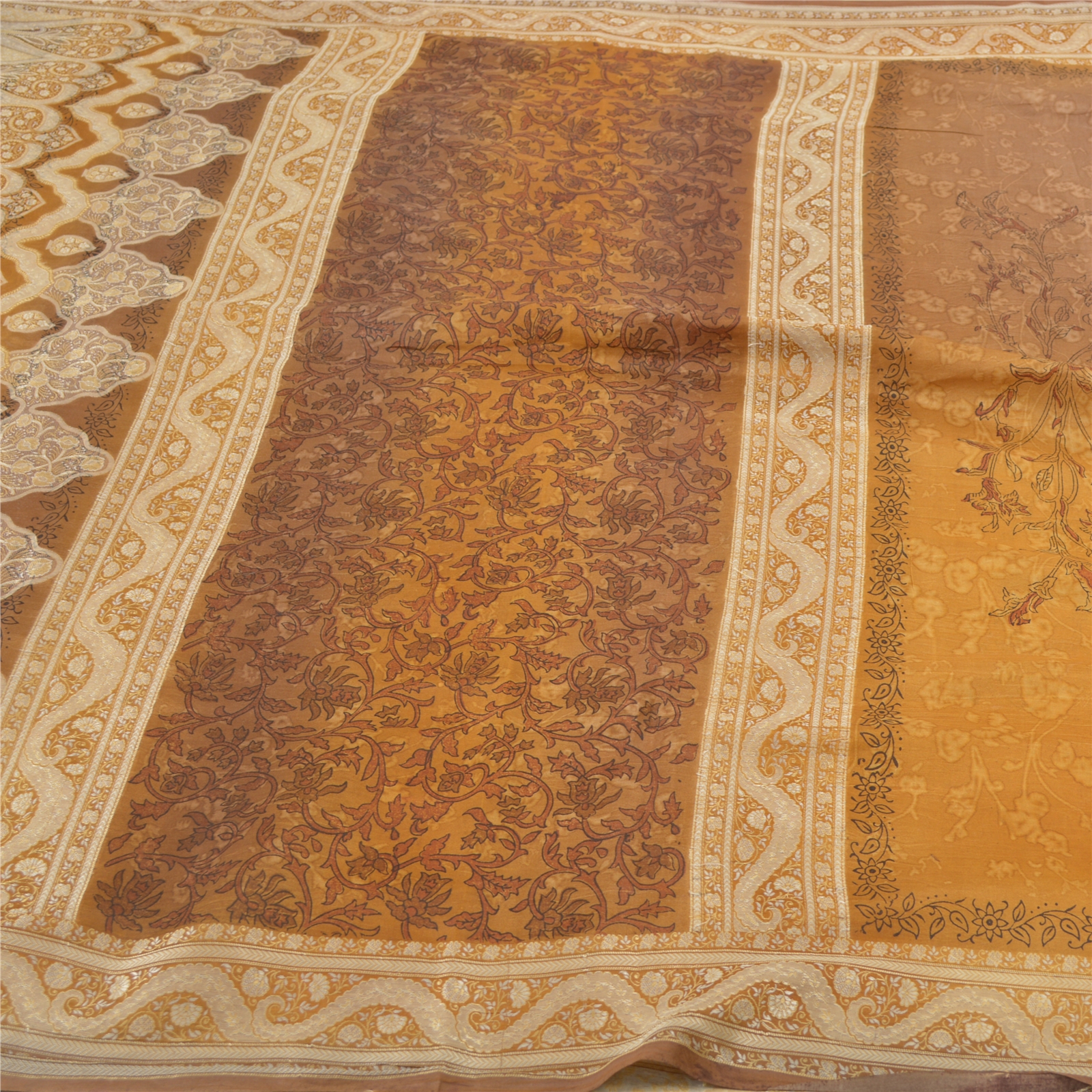 Vintage Indian Pure Silk Orange Saree Floral Printed Sari Fabric