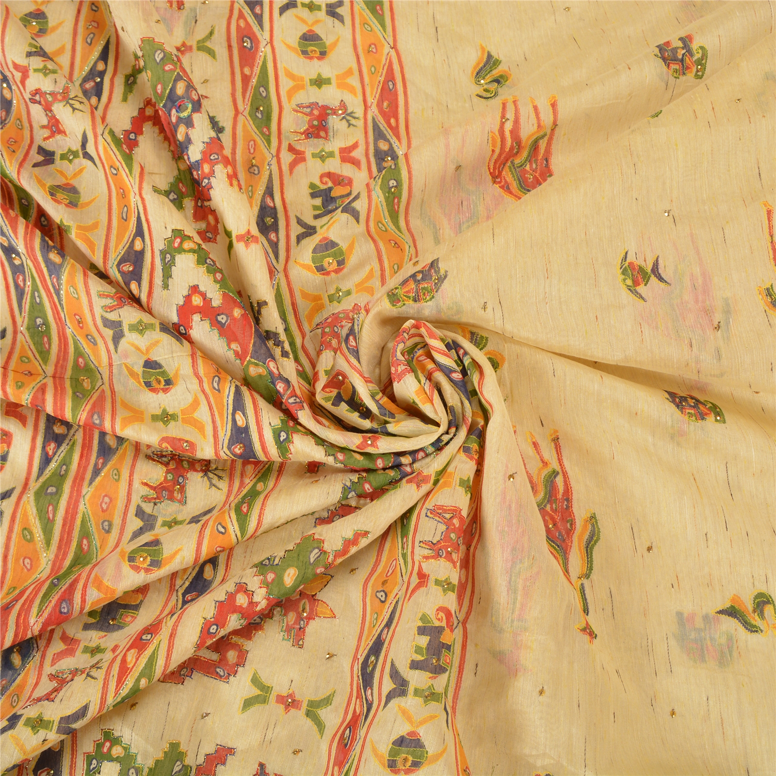 Yuuトップス Sanskriti Vintage Ivory Sarees Cotton Hand Beaded Printed Sari