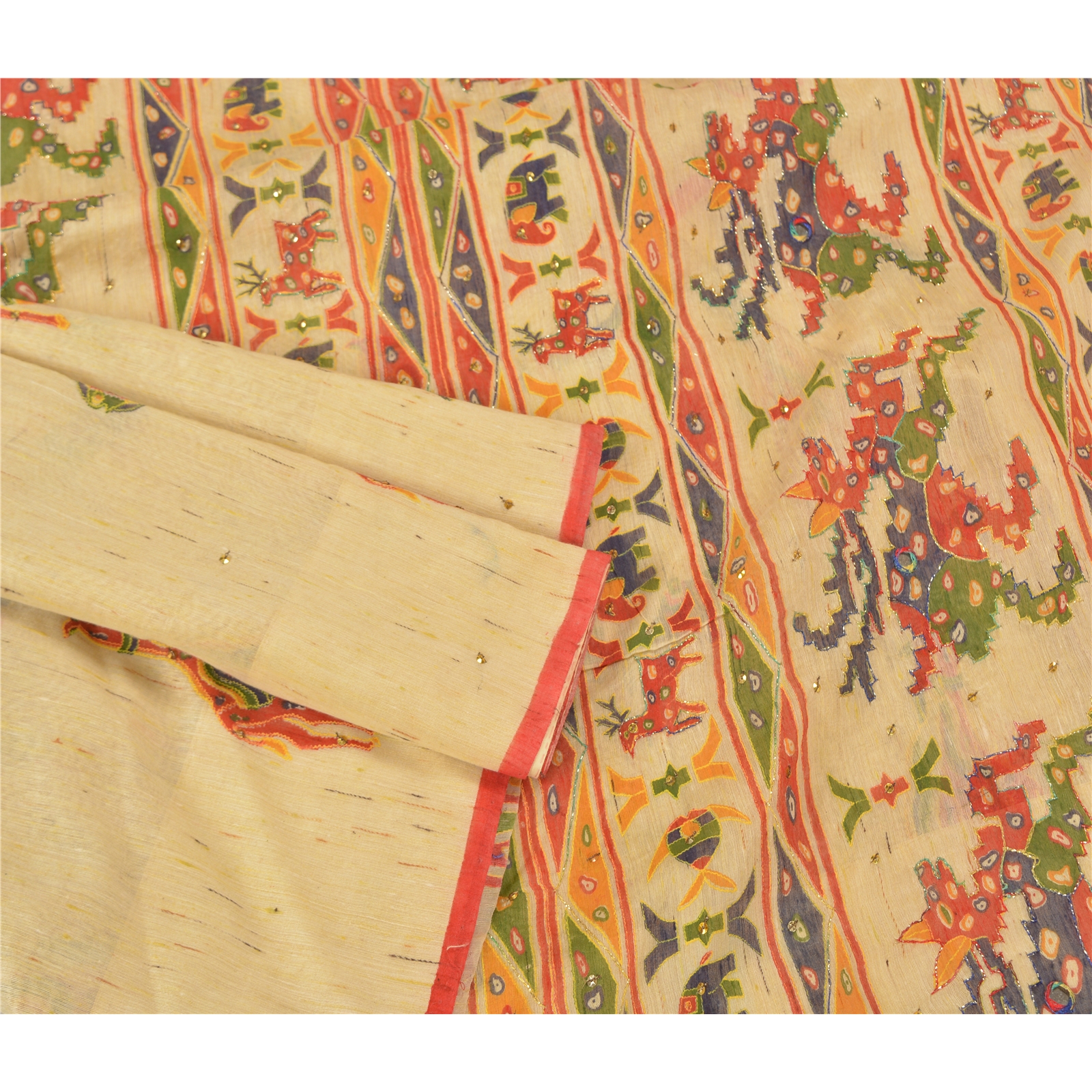 Sanskriti Vintage Ivory Sarees Cotton Hand Beaded Printed Sari