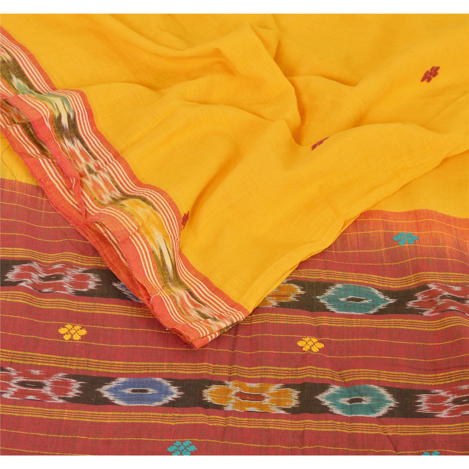 Sanskriti Vintage Yellow Ikat Saree Woven Patola Sari Pure Silk Craft