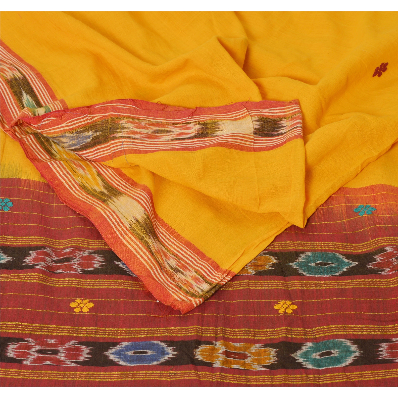 Sanskriti Vintage Yellow Ikat Saree Woven Patola Sari Pure Silk Craft
