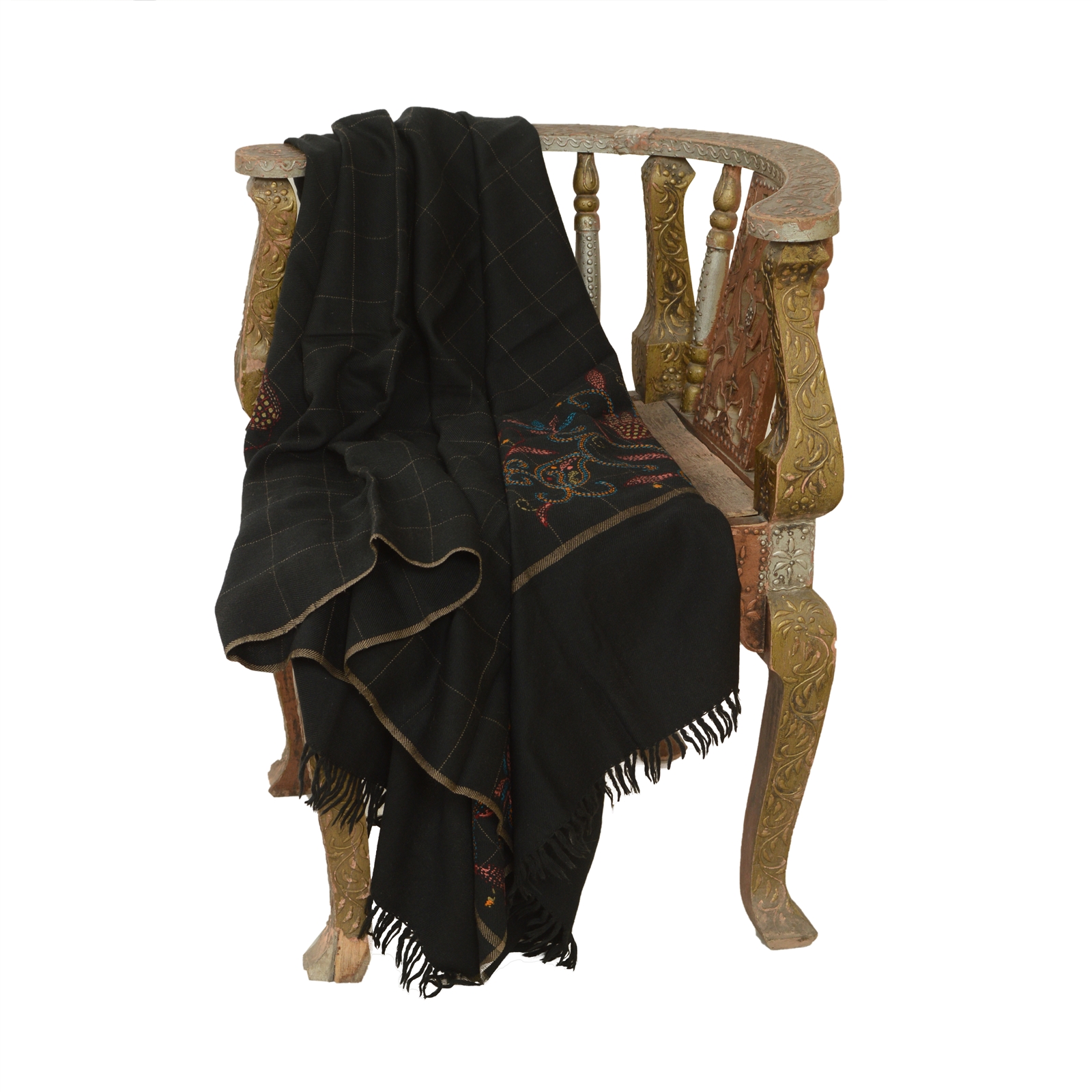 Sanskriti Vintage Black Pure Woollen Shawl Handmade Kantha Long