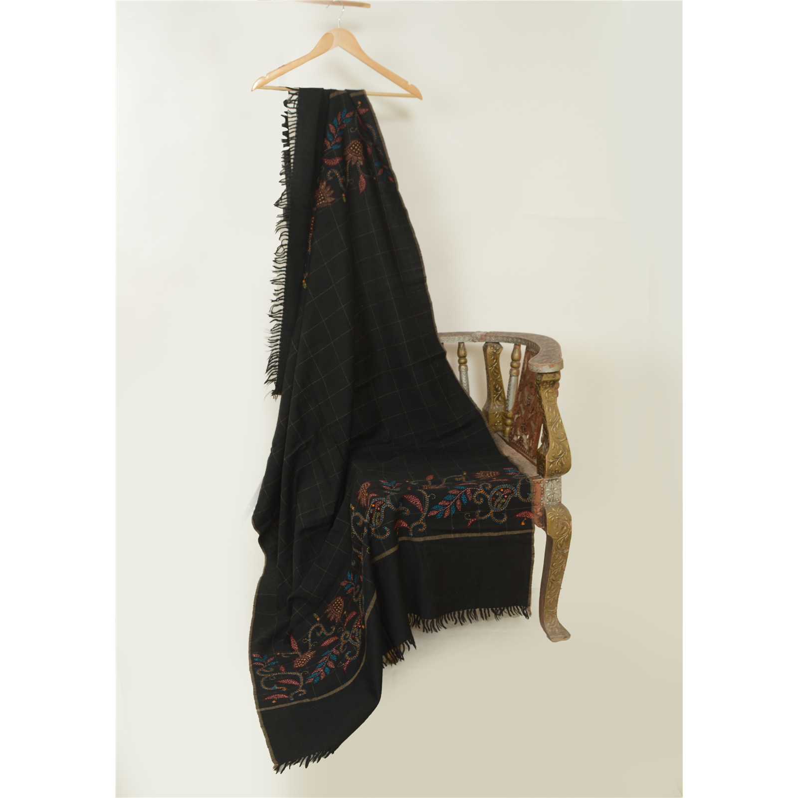 ハンドメイド Sanskriti Vintage Black Pure Woollen Shawl Handmade Kantha Long