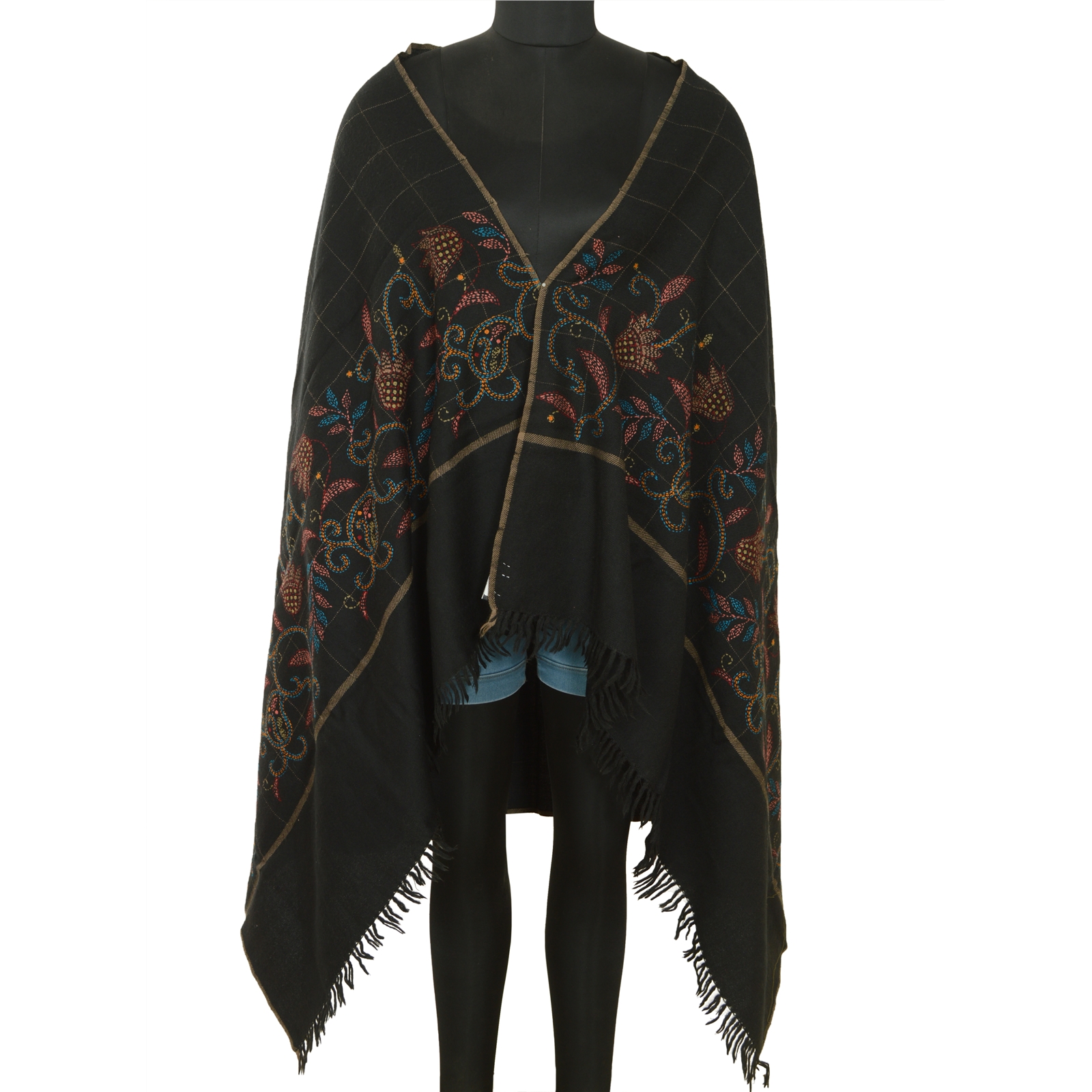 Sanskriti Vintage Black Pure Woollen Shawl Handmade Kantha Long