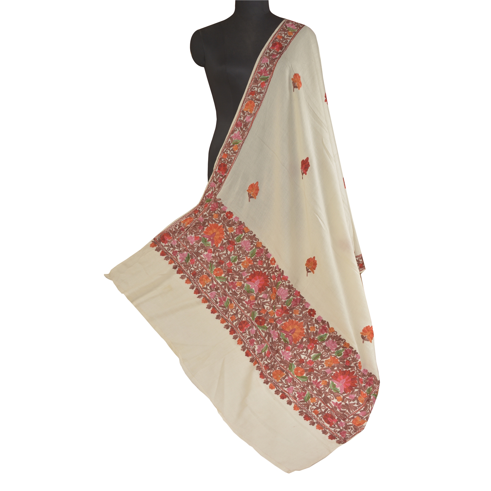 Sanskriti Vintage Long Pure Woolen Ivory Shawl Ari Embroidered