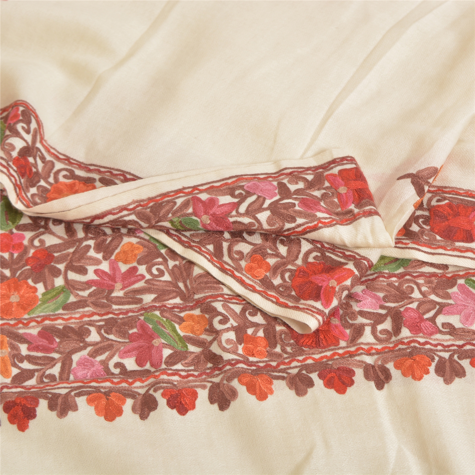 Sanskriti Vintage Long Pure Woolen Ivory Shawl Ari Embroidered