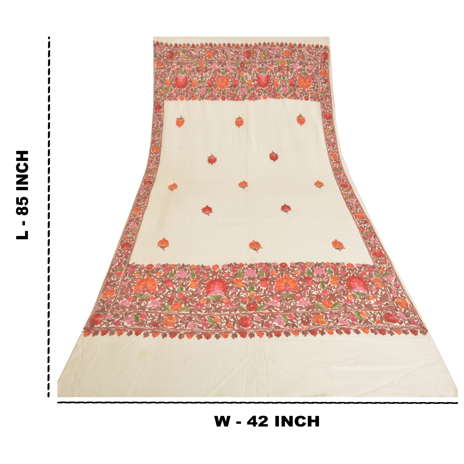 Sanskriti Vintage Long Pure Woolen Ivory Shawl Ari Embroidered