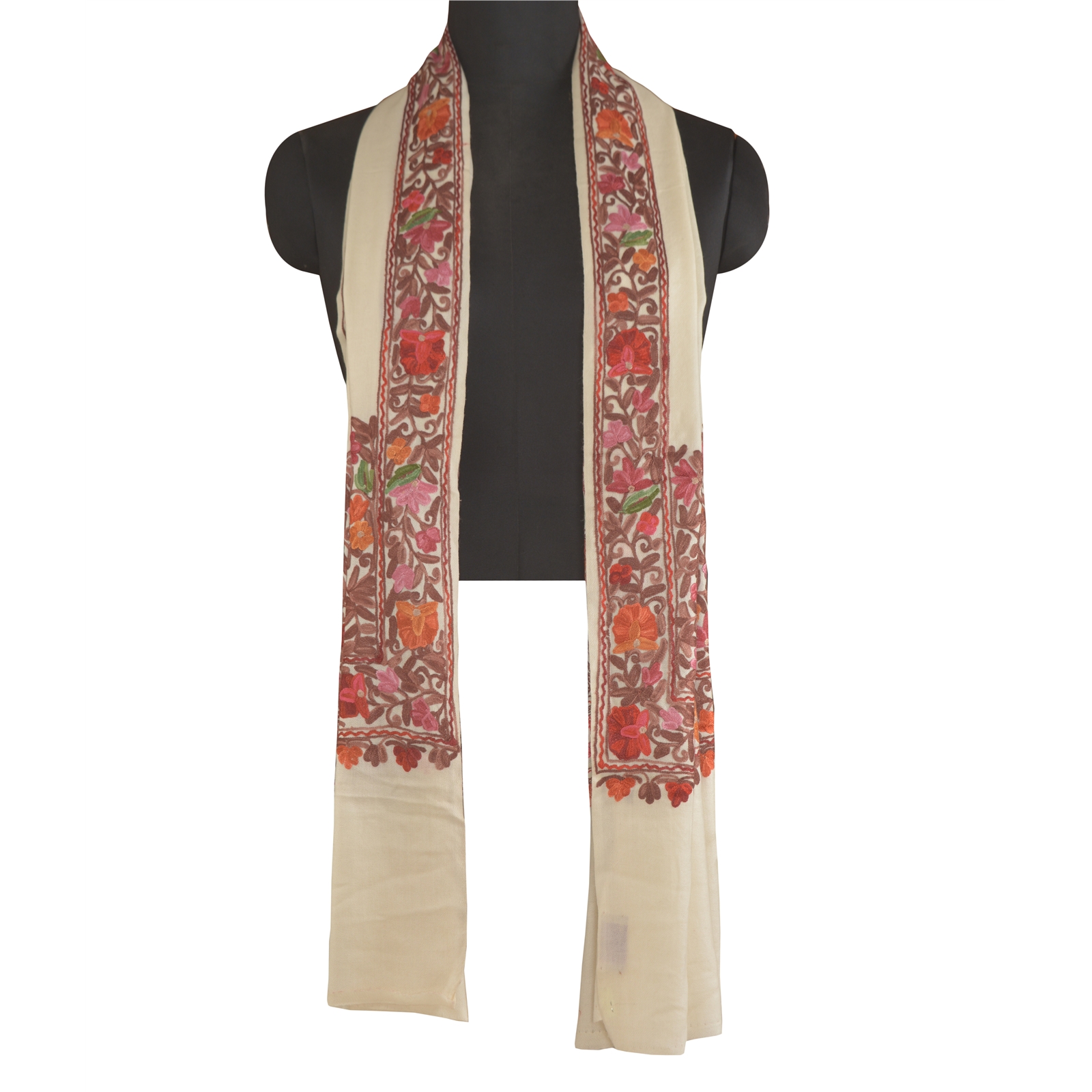 Sanskriti Vintage Long Pure Woolen Ivory Shawl Ari Embroidered