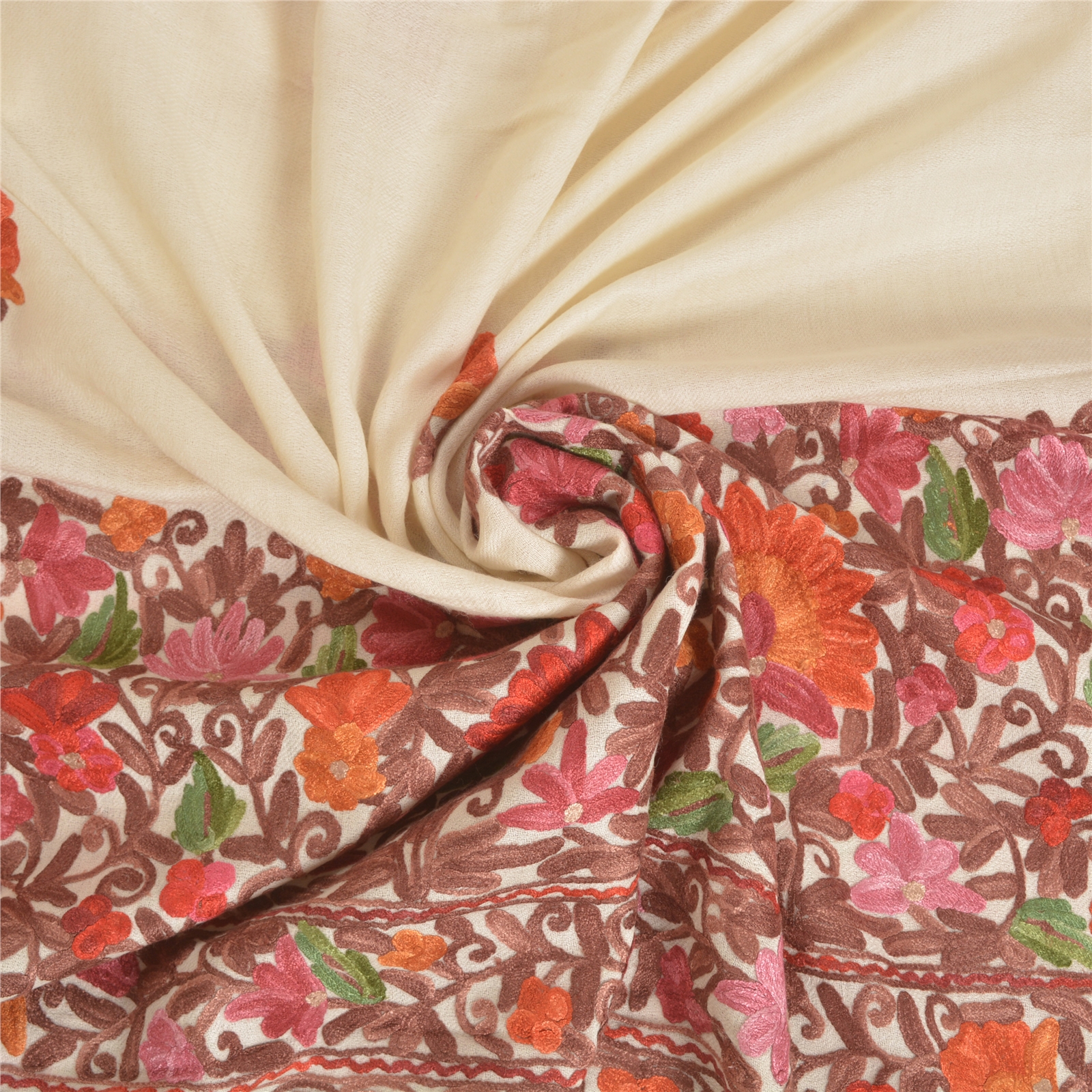 Borders様リクエスト Sanskriti Vintage Long Pure Woolen Ivory Shawl Ari Embroidered