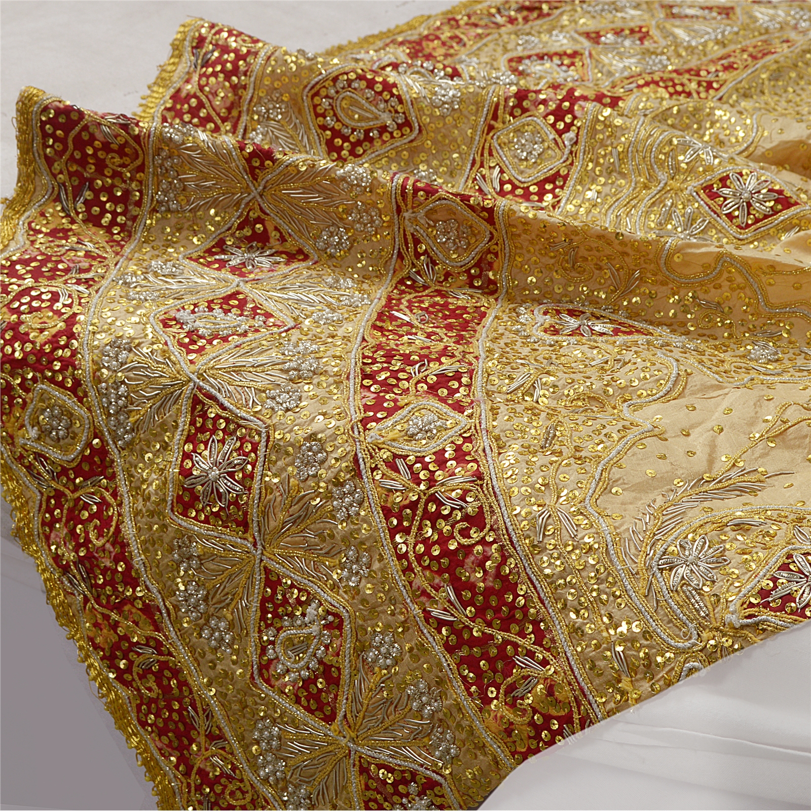Sanskriti Vintage Cream Pure Silk Stitched Long Skirt Hand Bead